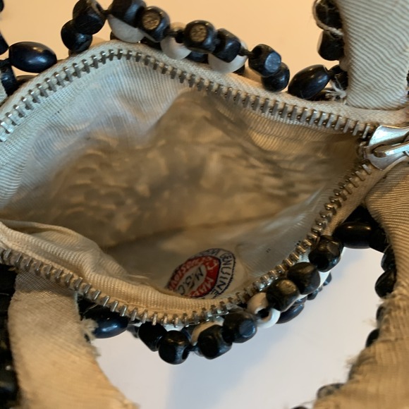 Art Deco Vintage Small Clutch Czech Black And White Wood Beads Zippered Purse